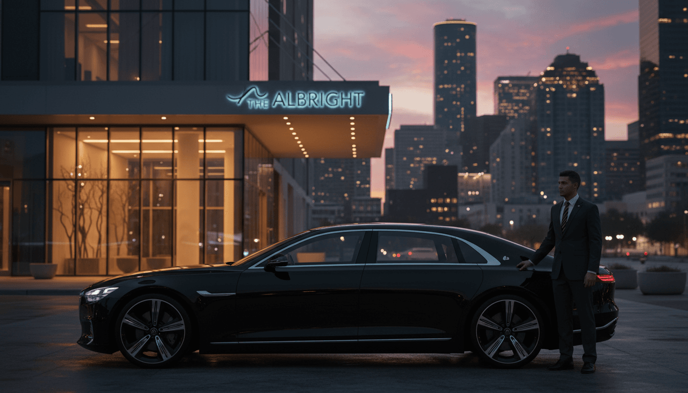 Chauffeur in a dark suit opening the door of a black luxury sedan outside a hotel at dusk