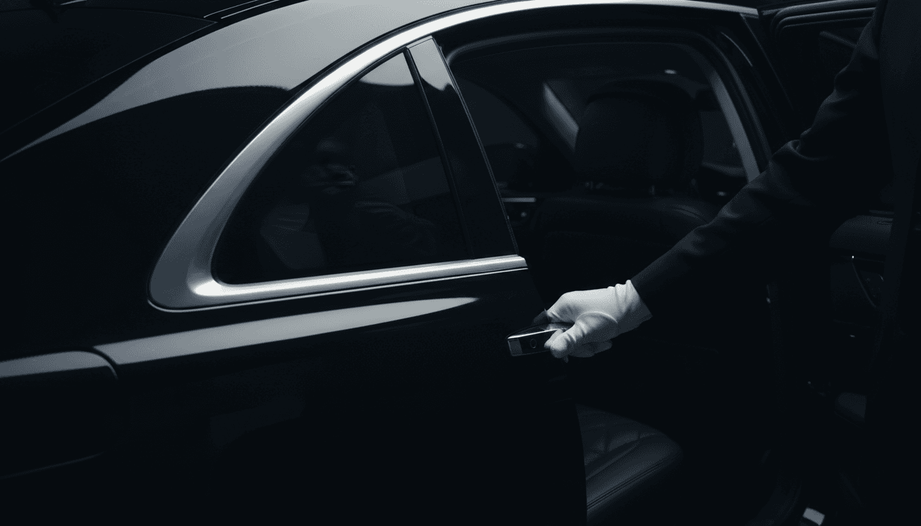Close-up of a chauffeur opening the rear door of a black luxury car