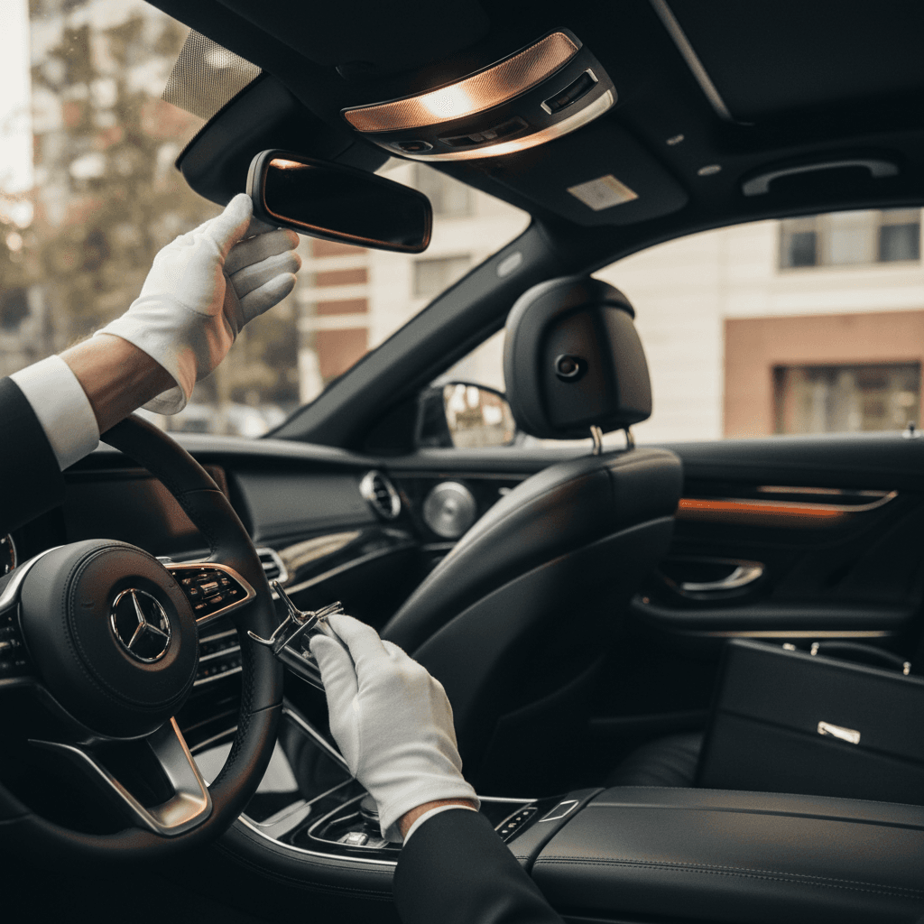Close-up of a gloved hand opening a car door to reveal a cream leather interior