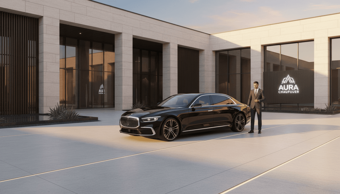 Black luxury sedan parked outside a modern Houston building at dusk