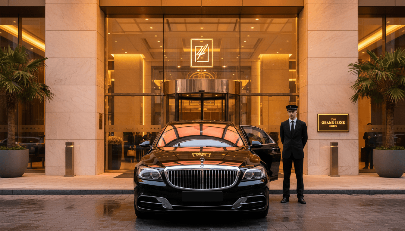 Black luxury sedan with chauffeur waiting at dusk in Houston