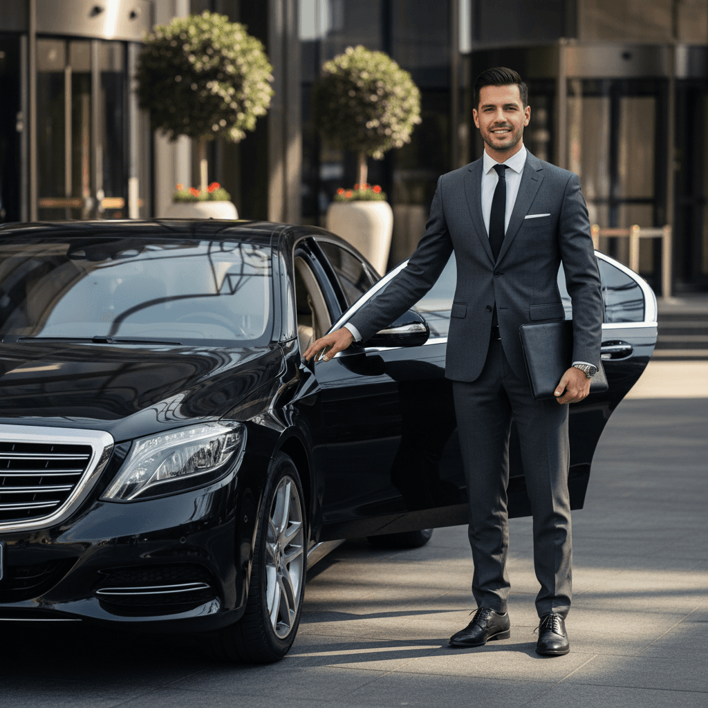 Professional chauffeur opening a car door for a passenger