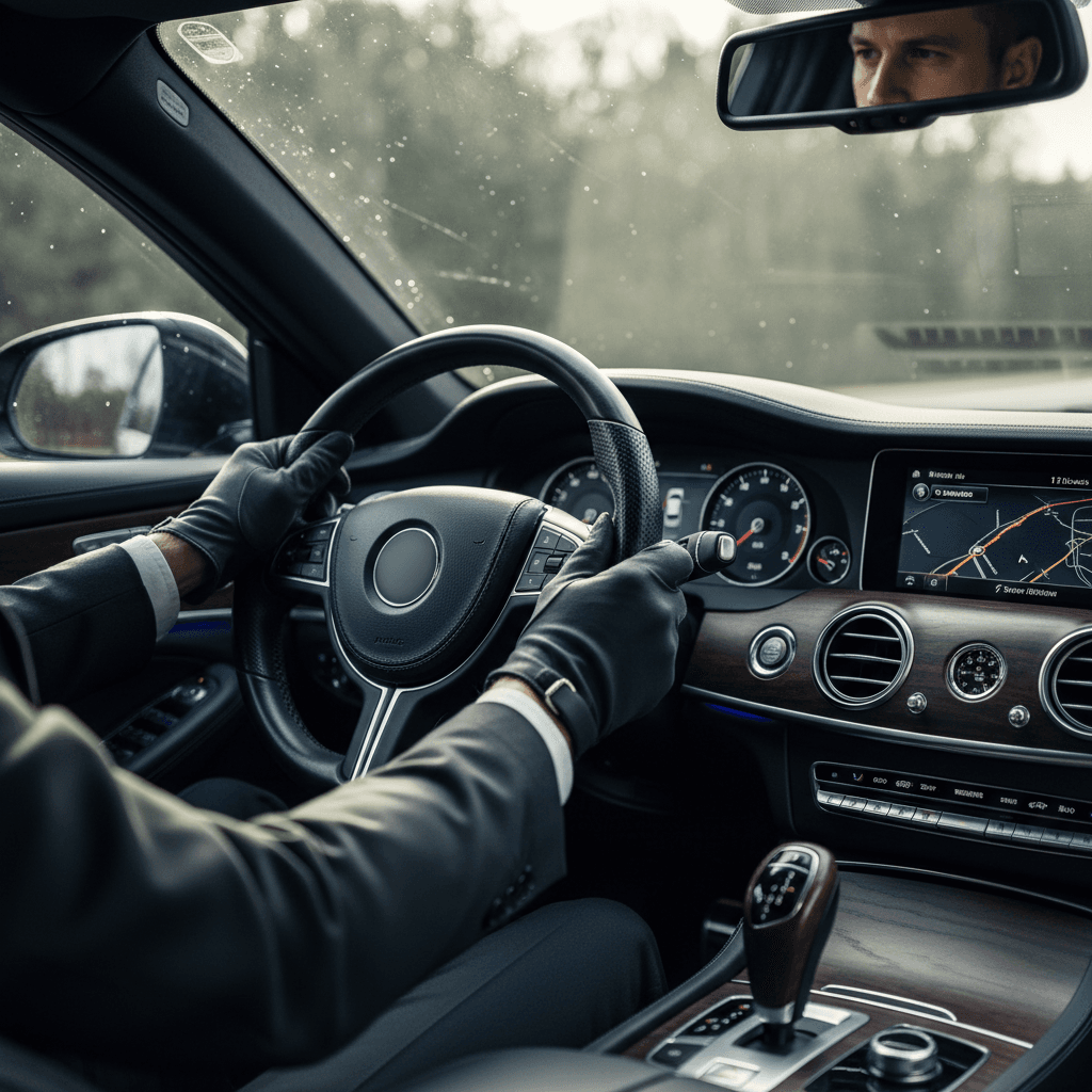 Chauffeur adjusting rear seat comfort setting in luxury sedan