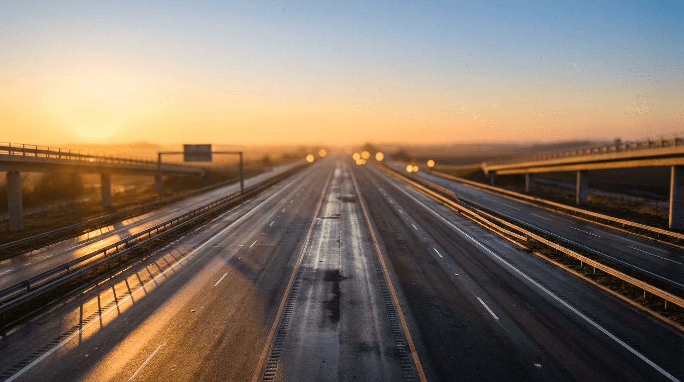 Black sedan driving on a Houston highway at sunset