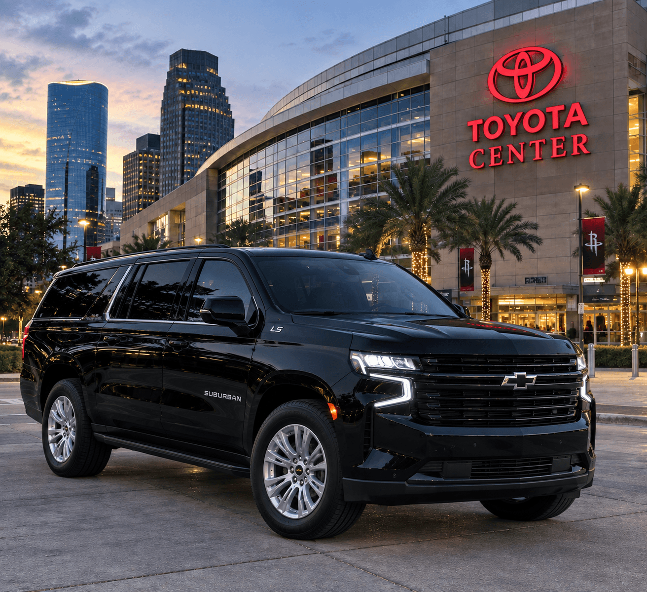 Black Chevrolet Suburban parked in front of the illuminated Toyota Center at sunset in Houston.